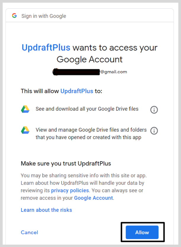 Updraftplus allow access