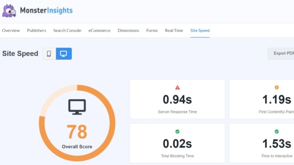 MonsterInsights Site speed report